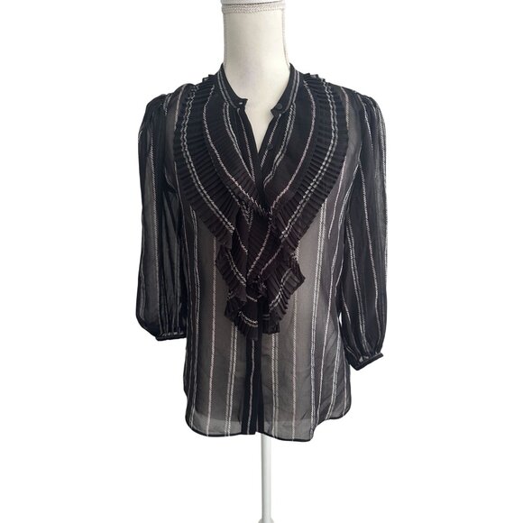 WHITE HOUSE BLACK MARKET WHBM Black White Striped Sheer Ruffle Blouse Size Small - Picture 8 of 9